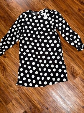 LOFT Black and White Polka Dot Long Sleeve Shift Dress